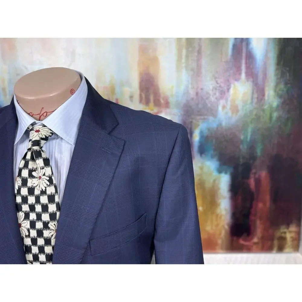 Karl Lagerfield Mens Navy Plaid 42L 2 Piece Suit Pants 36/32